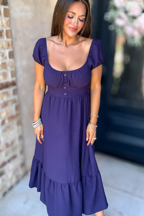 Navy Front Half Button Short Sleeve Midi Dress