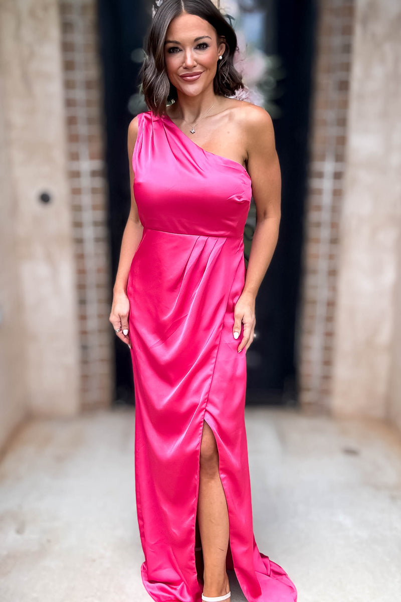 Sugar Lips Fuchsia One Shoulder Surplice Front Slit Maxi Gown Dress