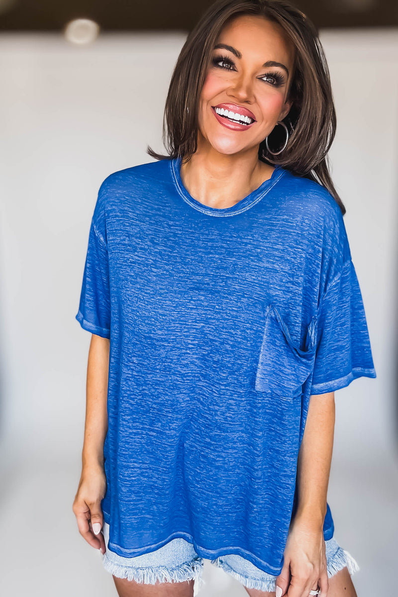Oversized Classic Blue Washed Melange Burnout Raw Edge Tee