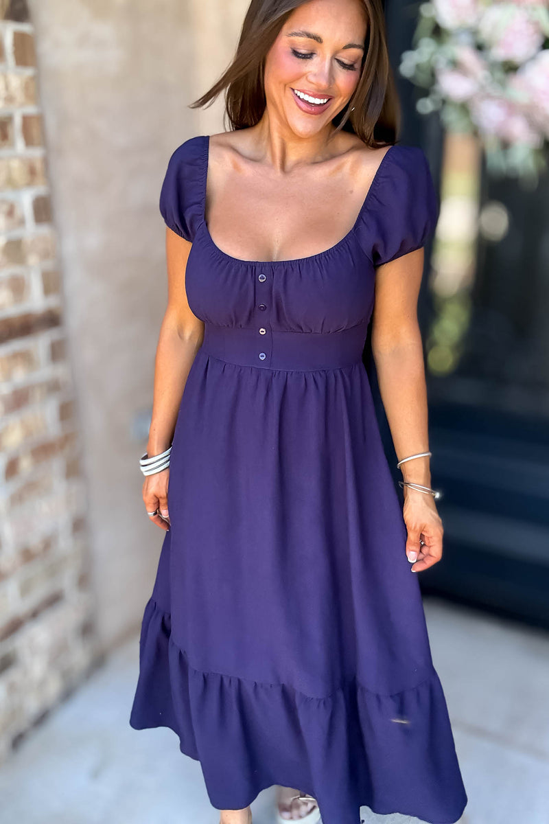 Navy Front Half Button Short Sleeve Midi Dress