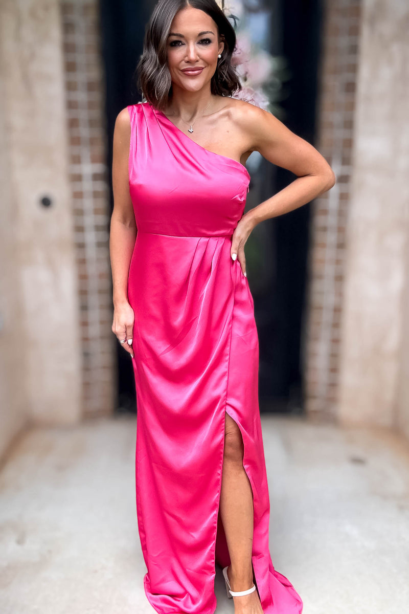 Sugar Lips Fuchsia One Shoulder Surplice Front Slit Maxi Gown Dress