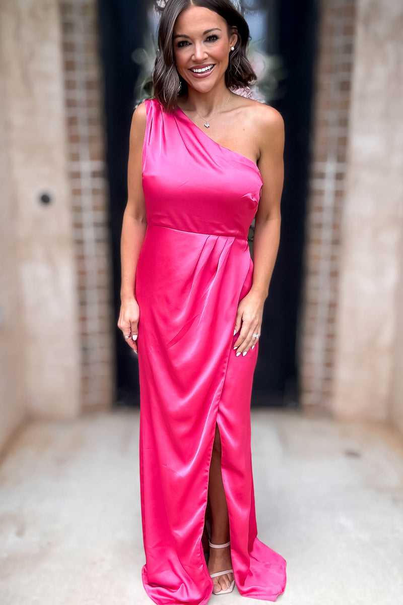 Sugar Lips Fuchsia One Shoulder Surplice Front Slit Maxi Gown Dress