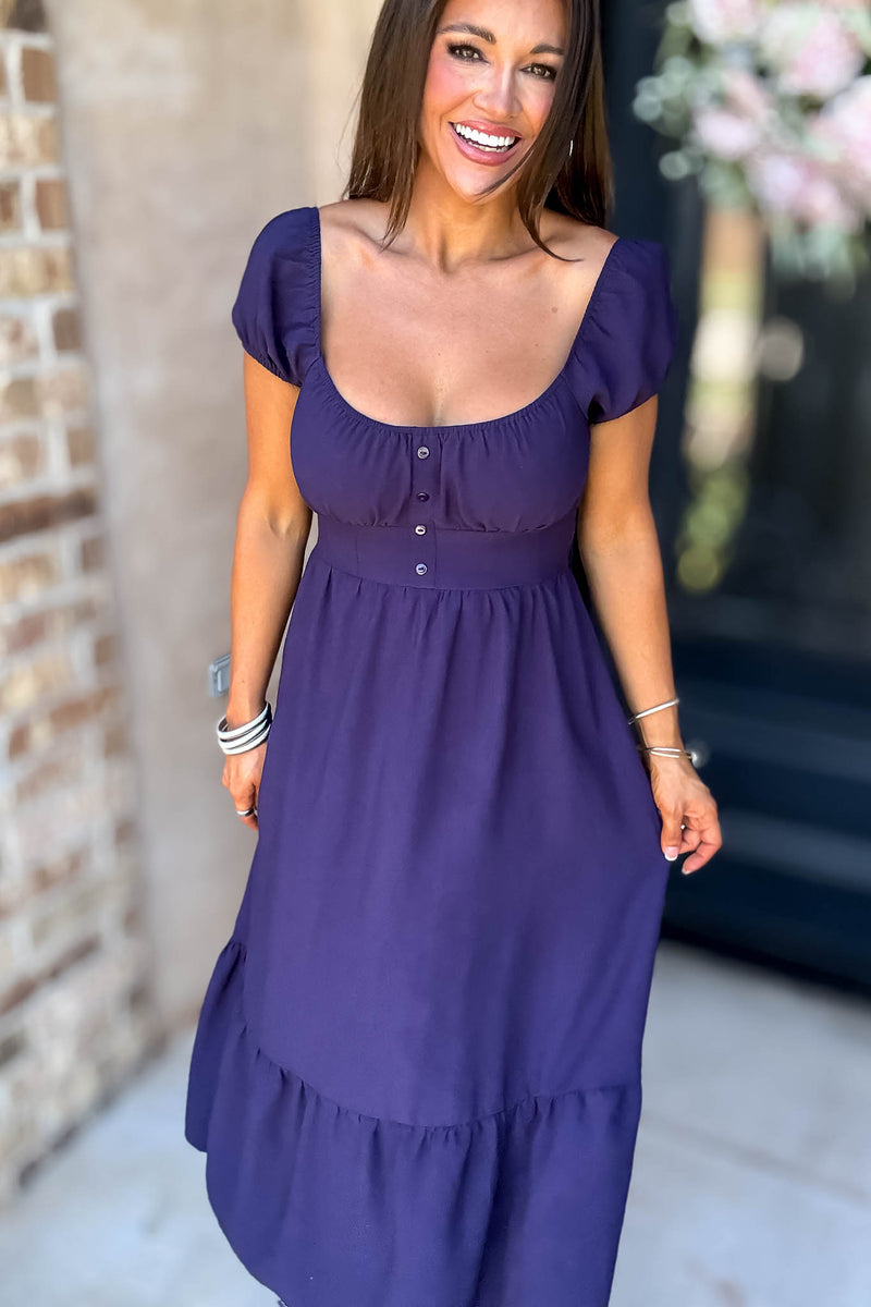 Navy Front Half Button Short Sleeve Midi Dress