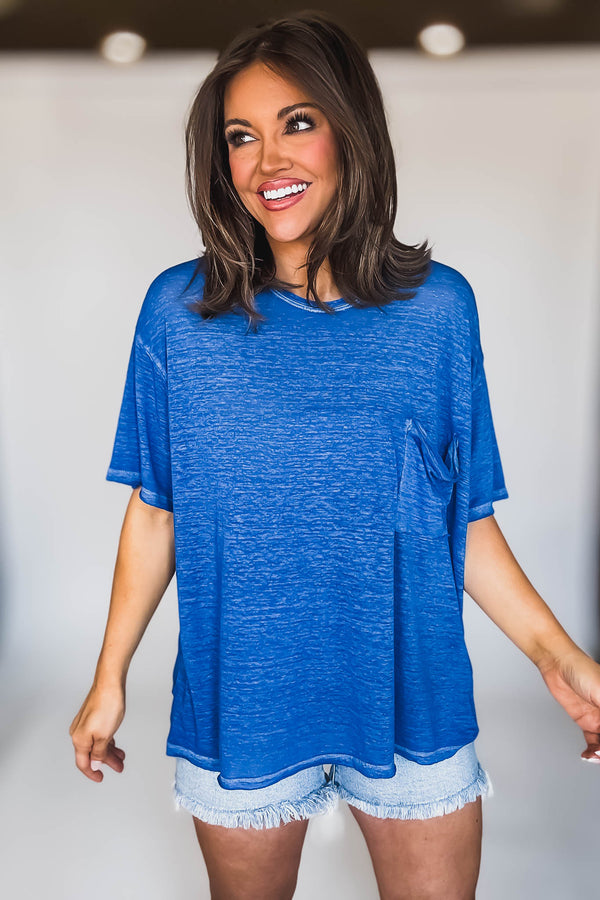 Oversized Classic Blue Washed Melange Burnout Raw Edge Tee