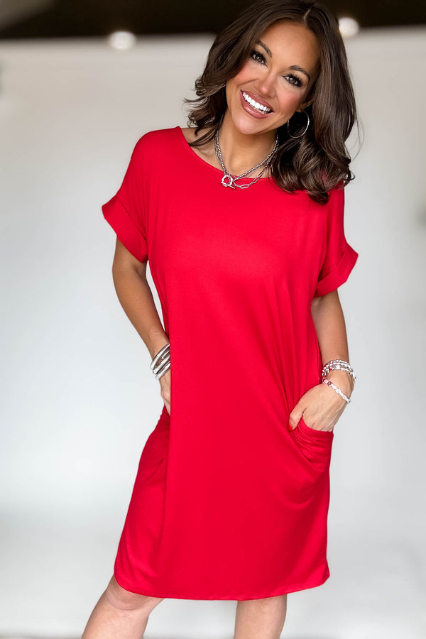 Rolled Short Sleeve Round Neck Red Dress