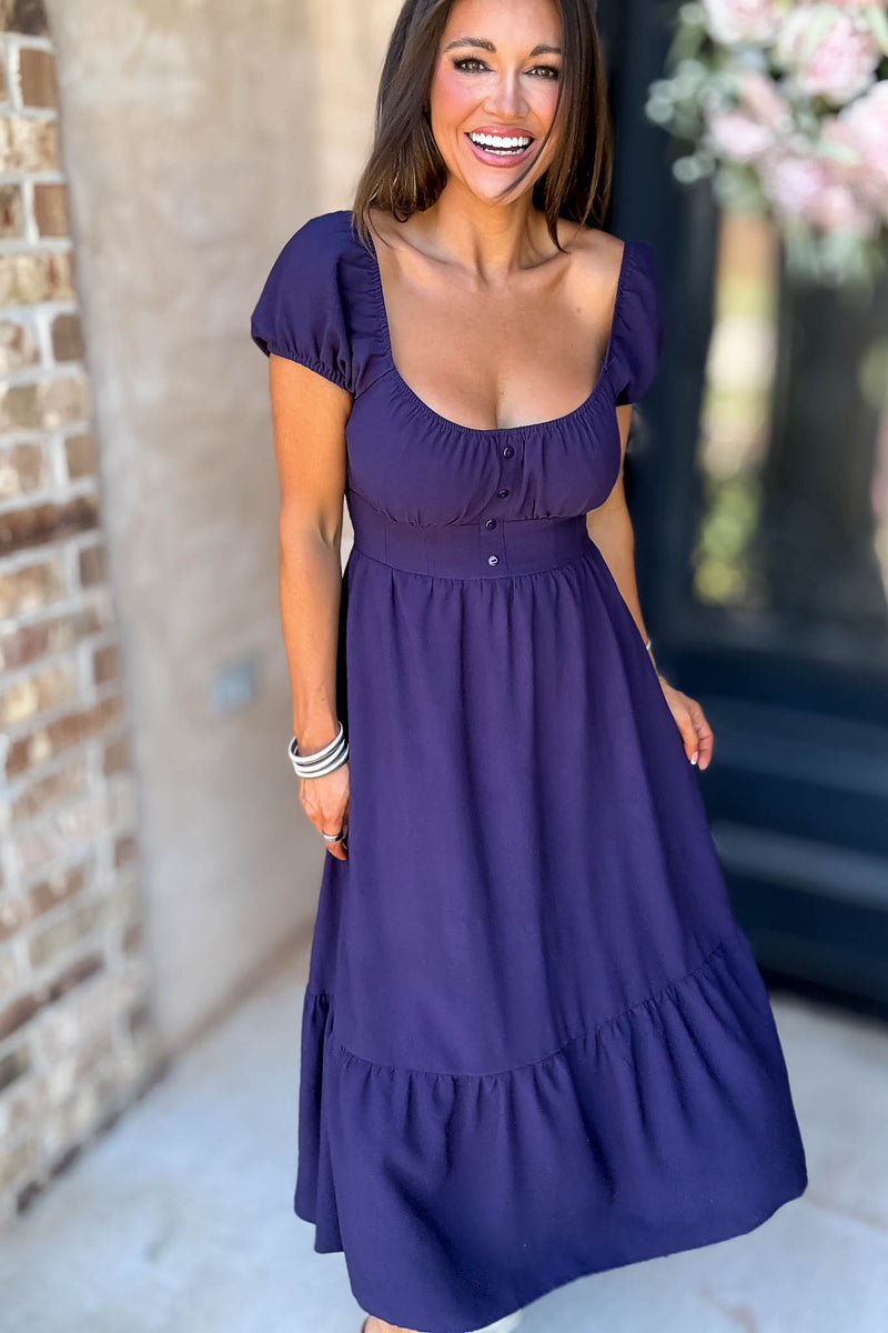 Navy Front Half Button Short Sleeve Midi Dress