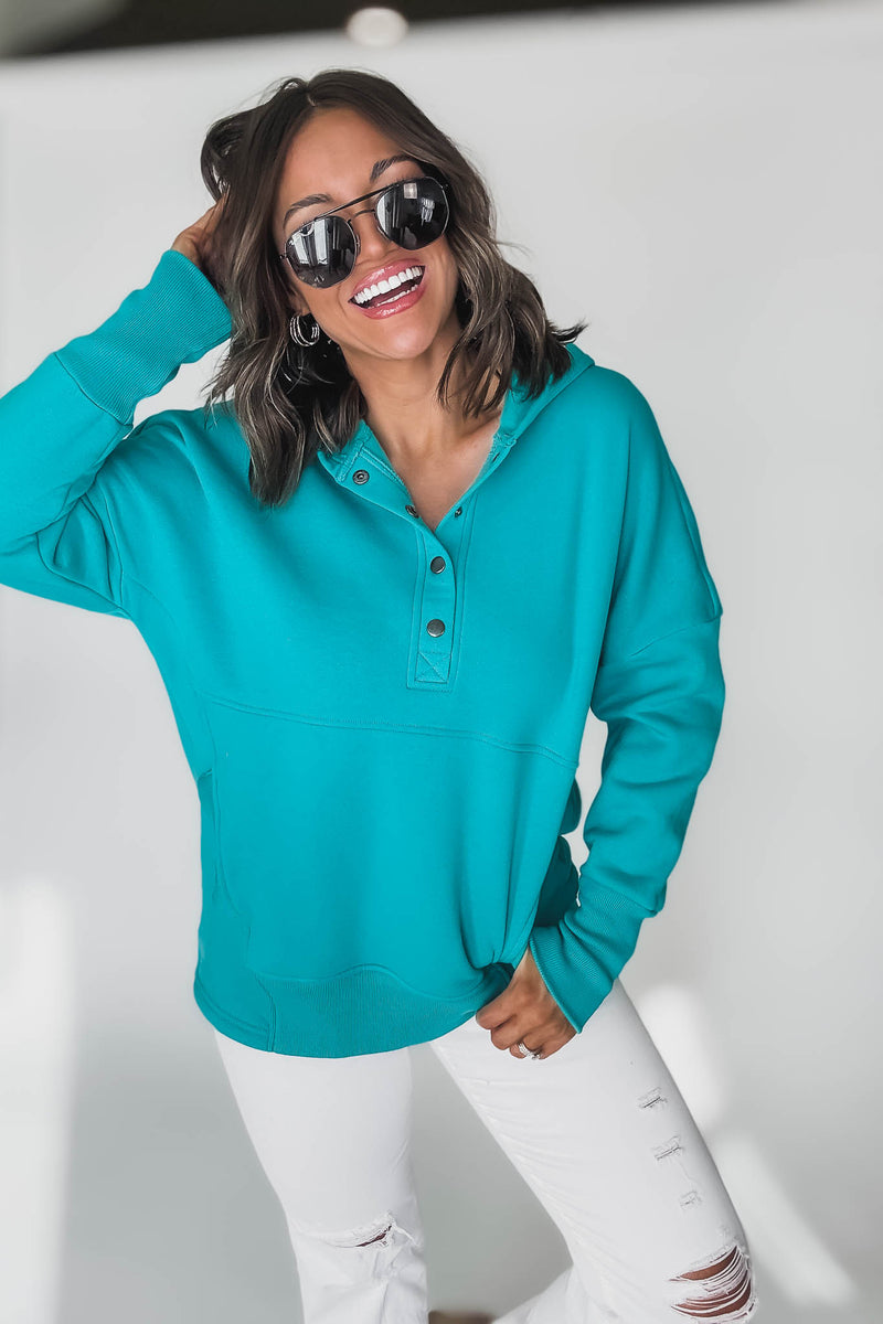 Fleece Turquoise Half Snap Button Hooded Sweatshirt