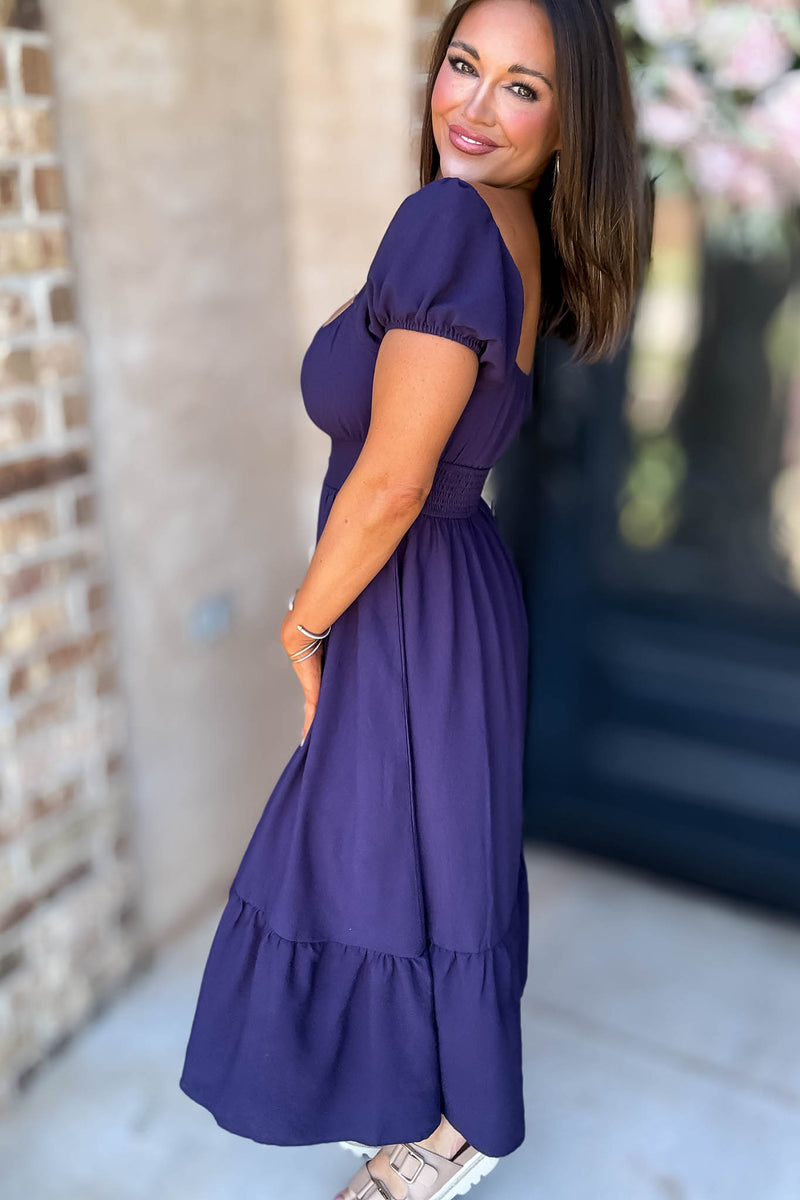Navy Front Half Button Short Sleeve Midi Dress