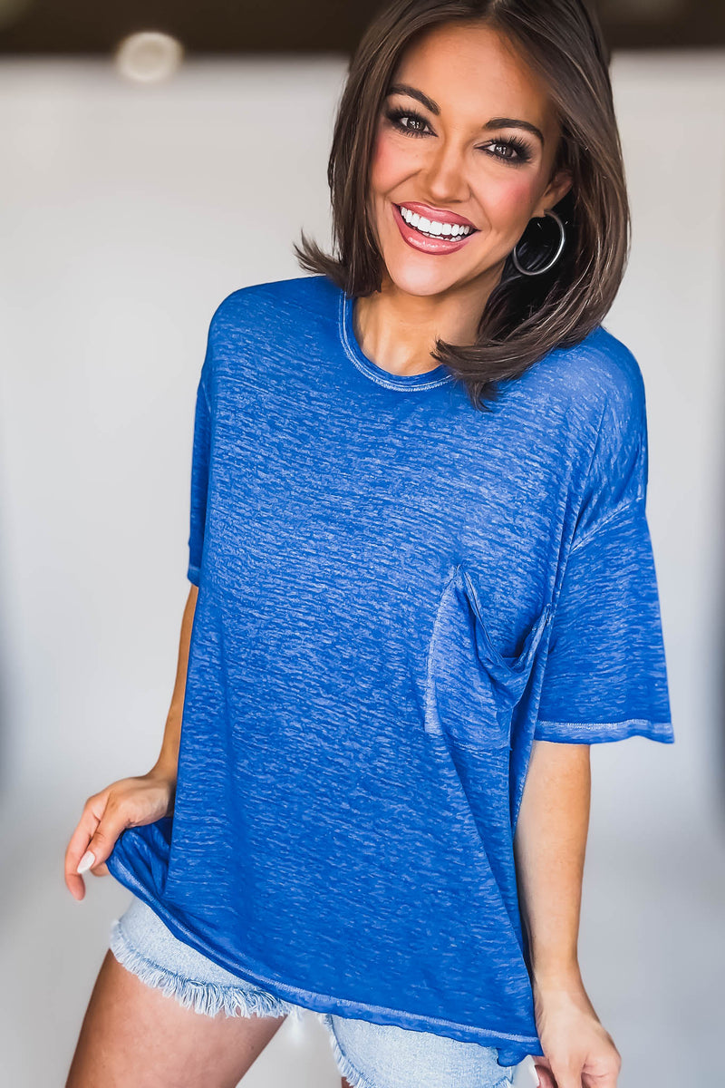 Oversized Classic Blue Washed Melange Burnout Raw Edge Tee