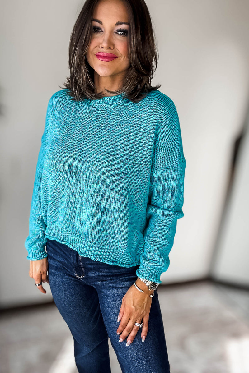 Turquoise Cotton Round Neck Basic Sweater