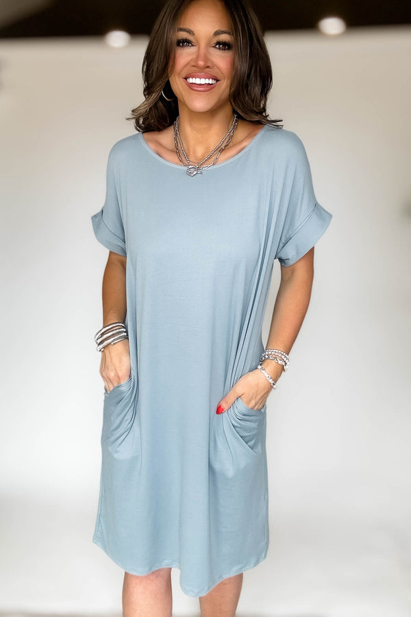 Rolled Short Sleeve Round Neck Blue Grey Dress