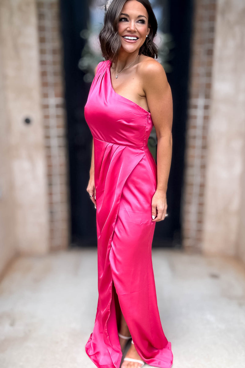 Sugar Lips Fuchsia One Shoulder Surplice Front Slit Maxi Gown Dress