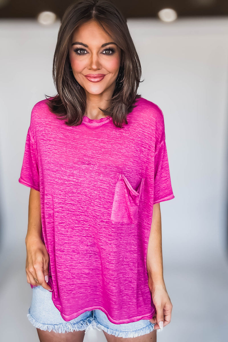 Oversized Hot Pink Washed Melange Burnout Raw Edge Tee