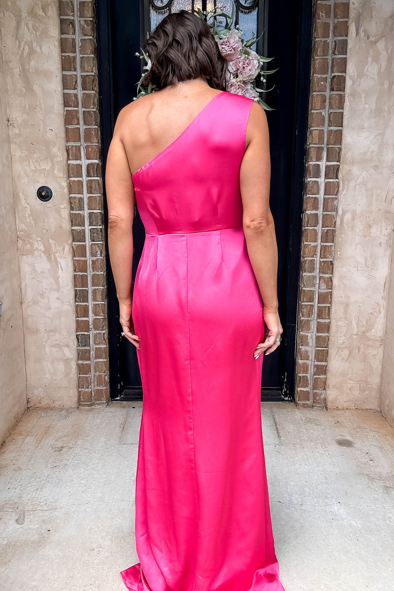 Sugar Lips Fuchsia One Shoulder Surplice Front Slit Maxi Gown Dress