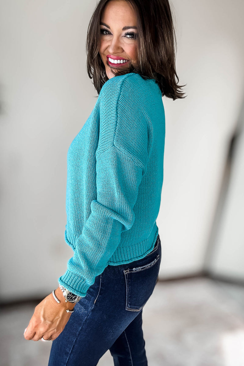 Turquoise Cotton Round Neck Basic Sweater