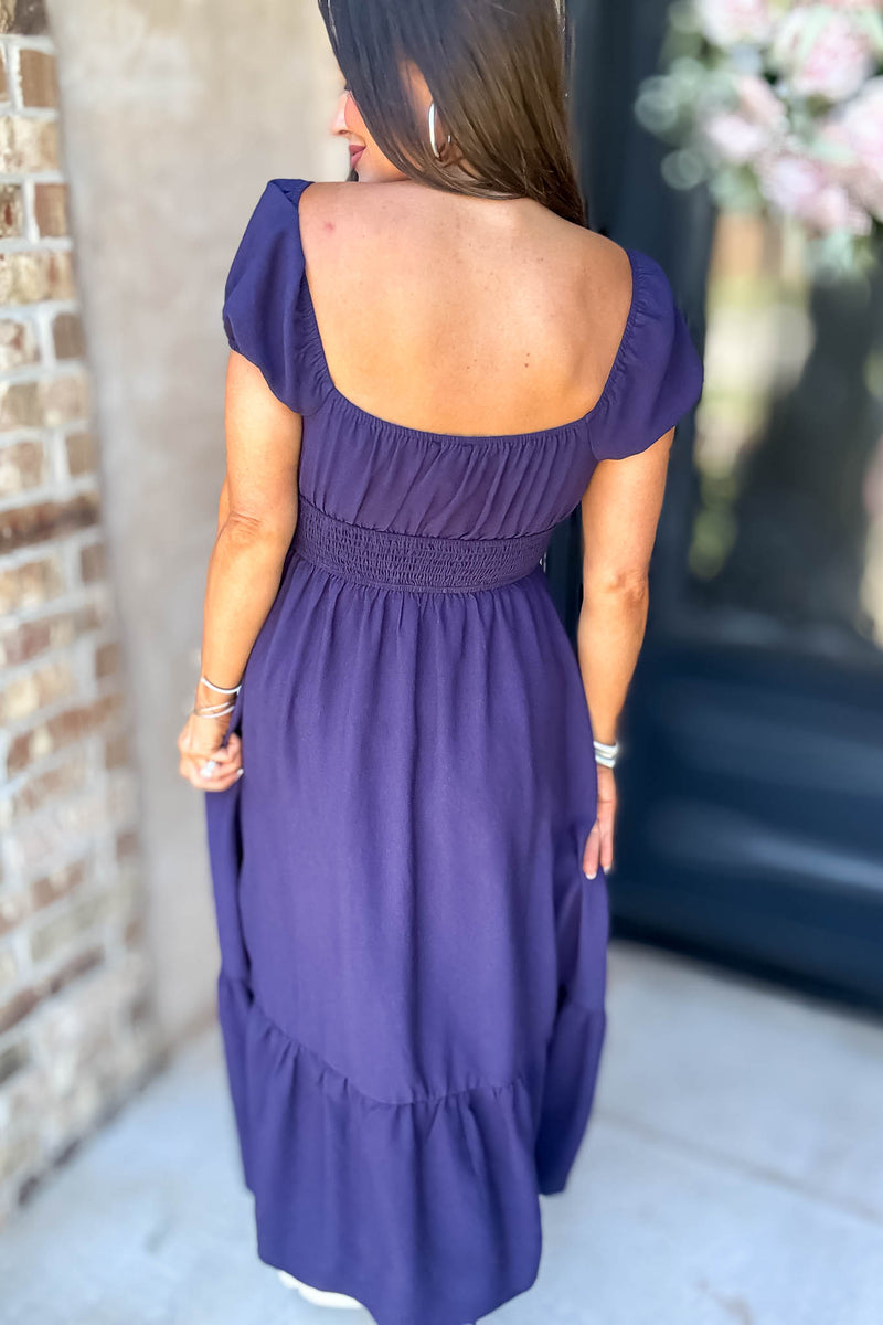 Navy Front Half Button Short Sleeve Midi Dress
