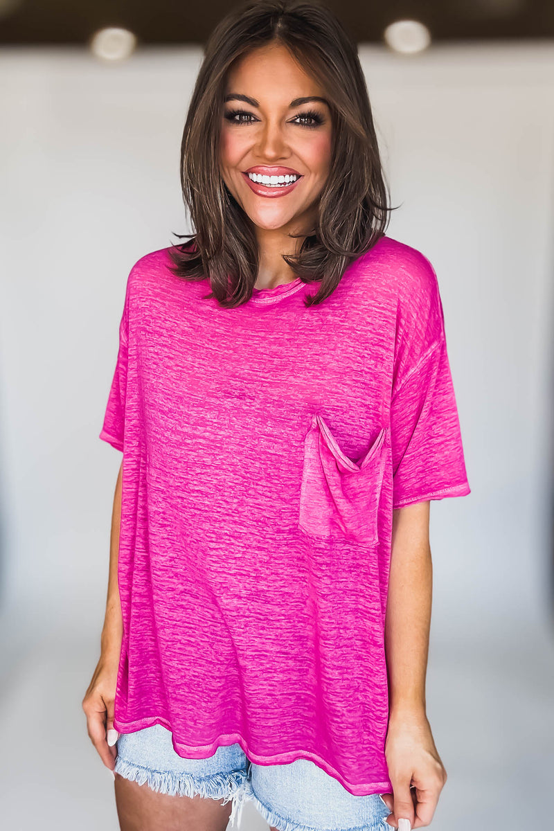 Oversized Hot Pink Washed Melange Burnout Raw Edge Tee