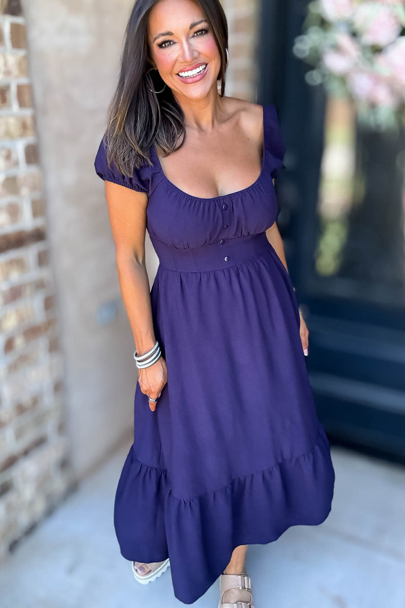 Navy Front Half Button Short Sleeve Midi Dress