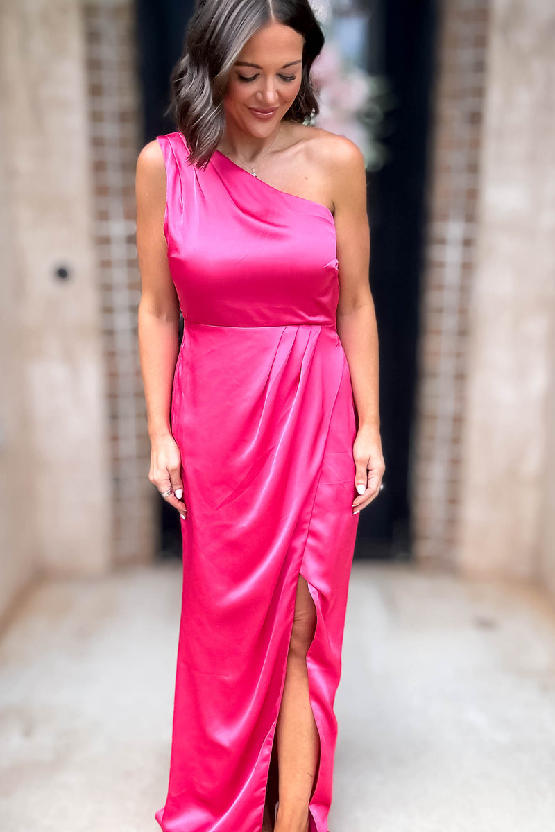 Sugar Lips Fuchsia One Shoulder Surplice Front Slit Maxi Gown Dress