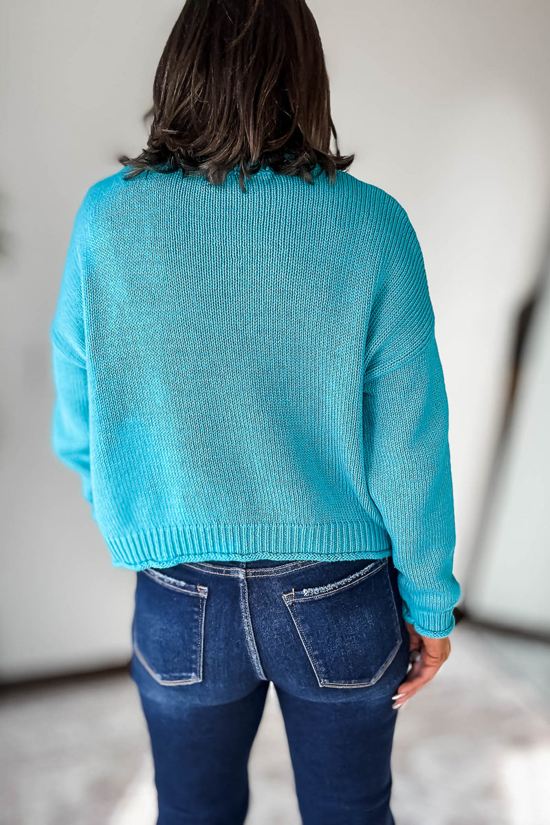 Turquoise Cotton Round Neck Basic Sweater