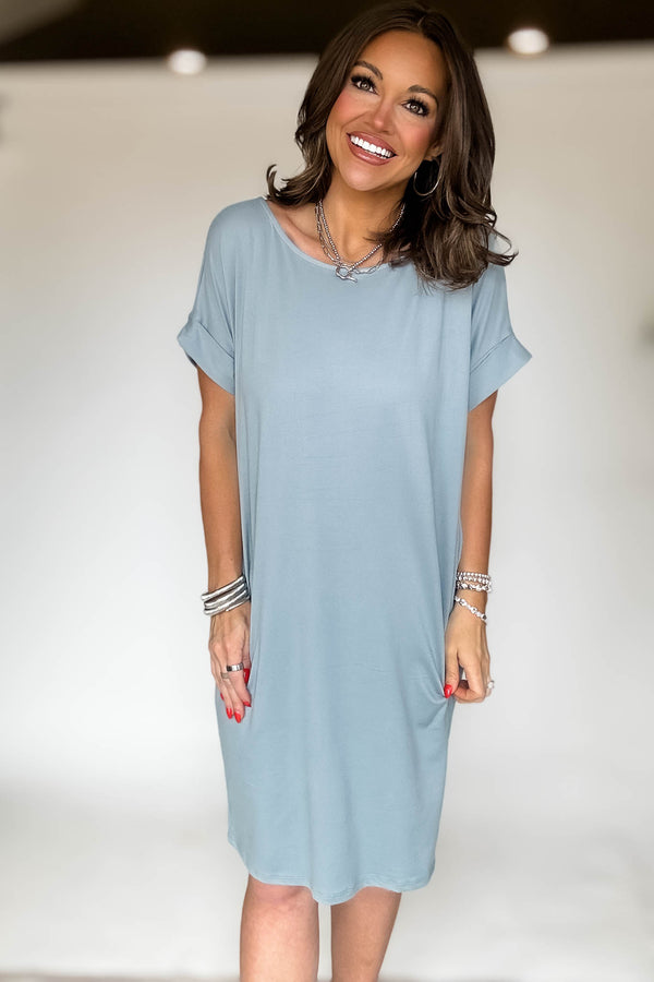 Rolled Short Sleeve Round Neck Blue Grey Dress