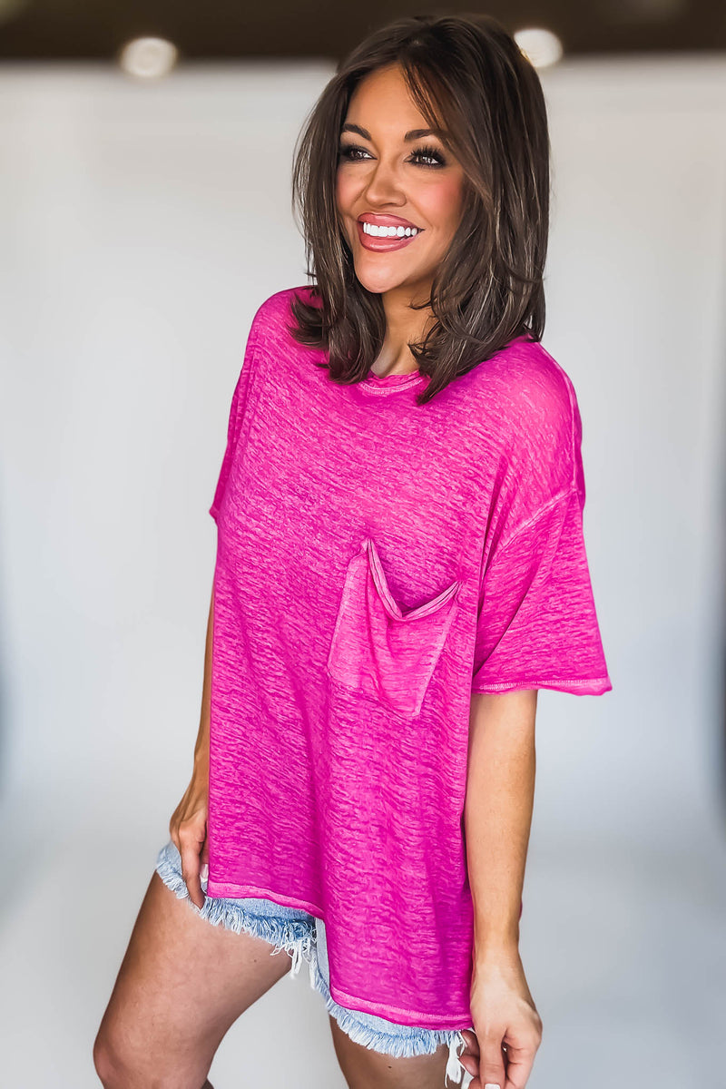 Oversized Hot Pink Washed Melange Burnout Raw Edge Tee