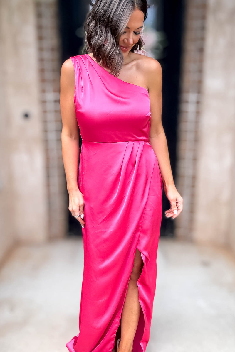 Sugar Lips Fuchsia One Shoulder Surplice Front Slit Maxi Gown Dress