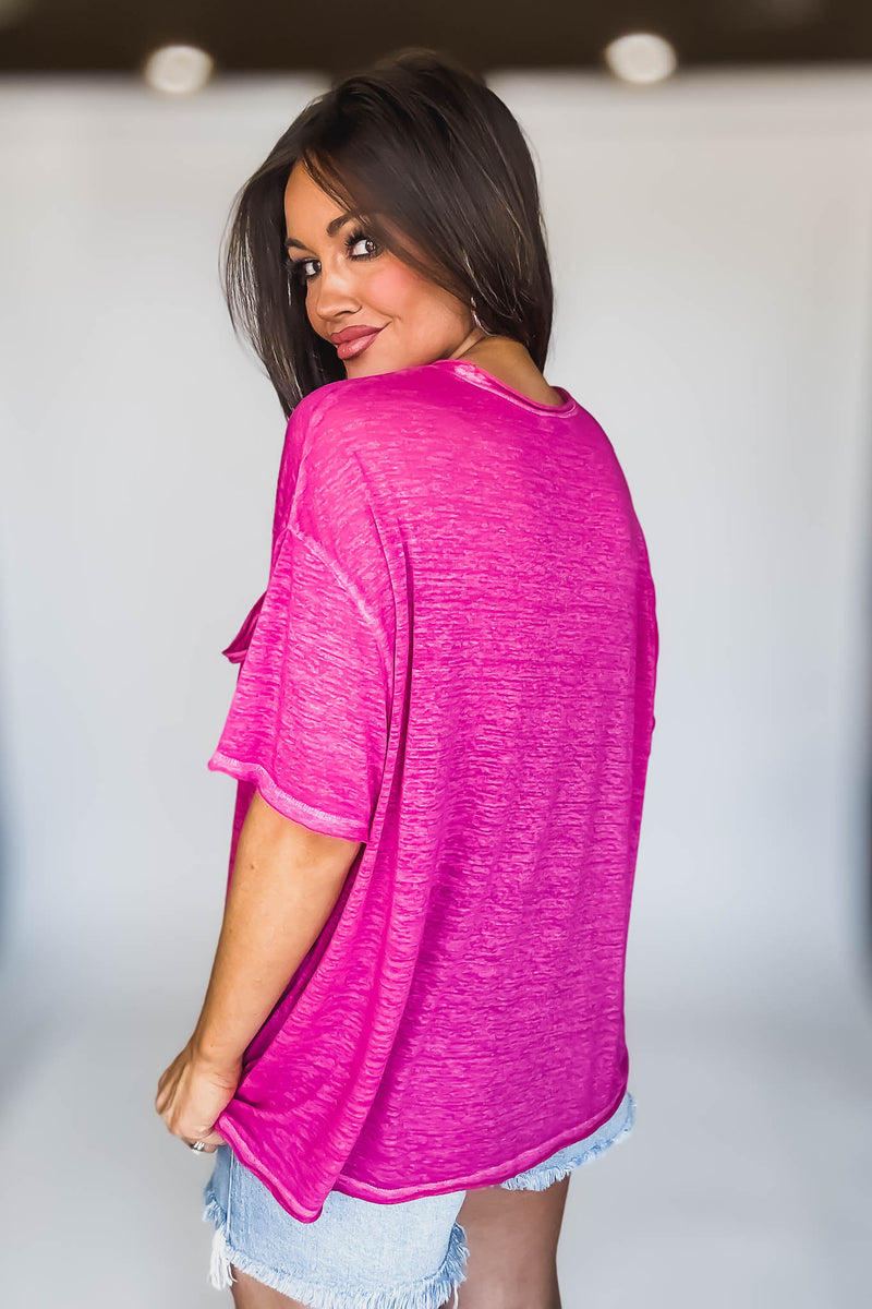 Oversized Hot Pink Washed Melange Burnout Raw Edge Tee