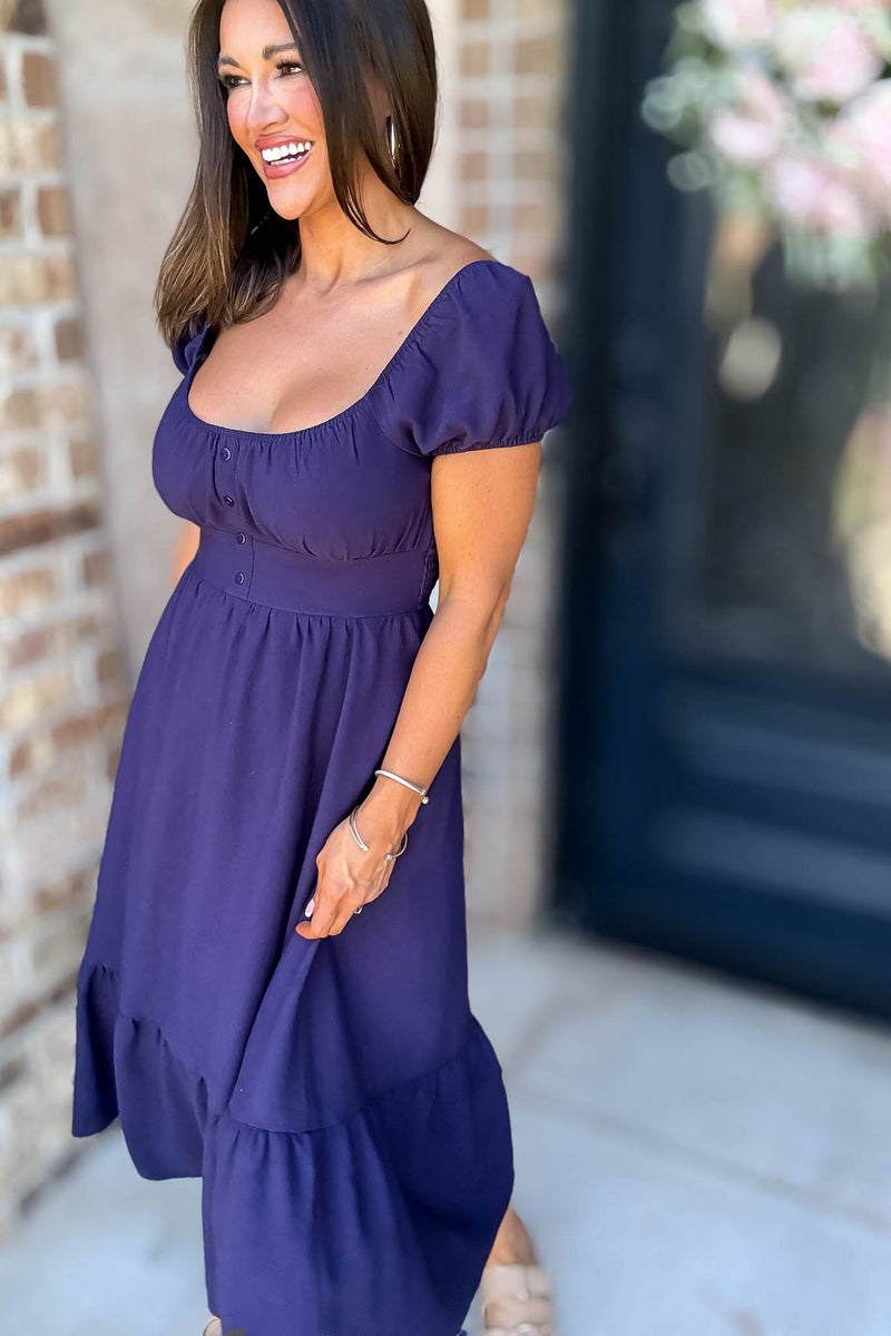 Navy Front Half Button Short Sleeve Midi Dress