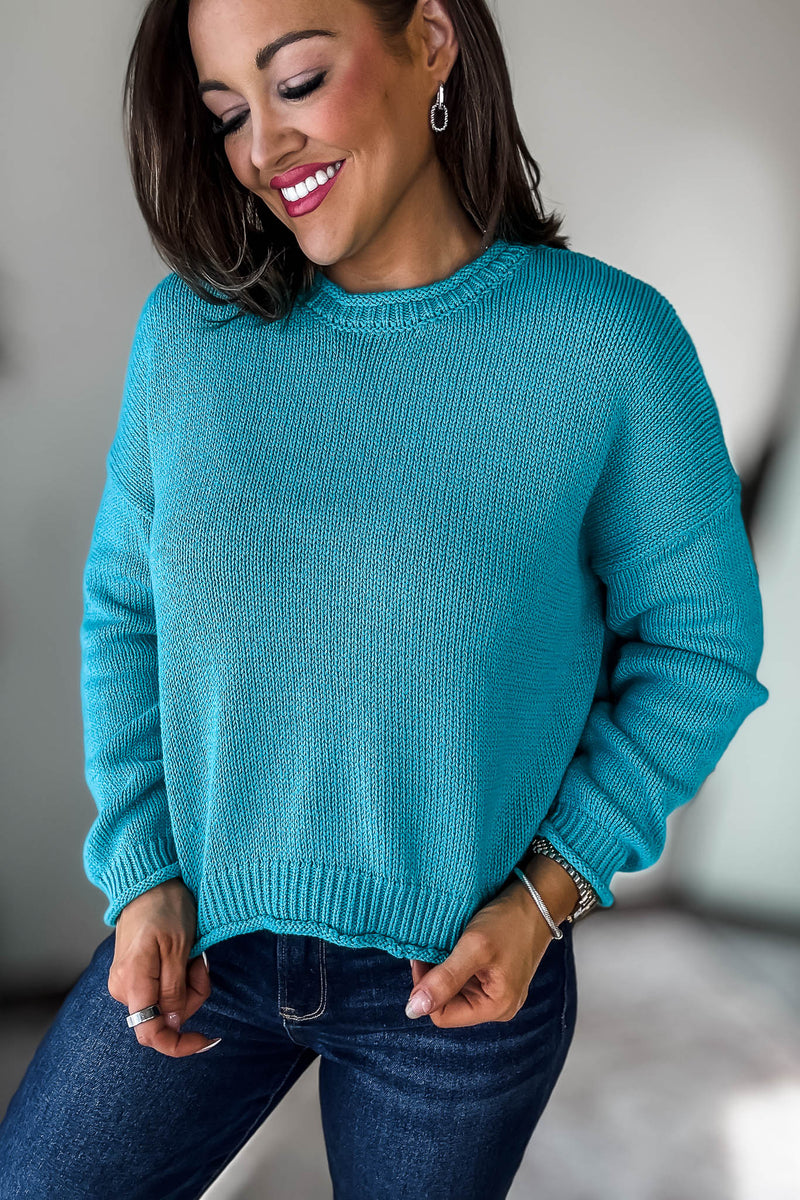 Turquoise Cotton Round Neck Basic Sweater