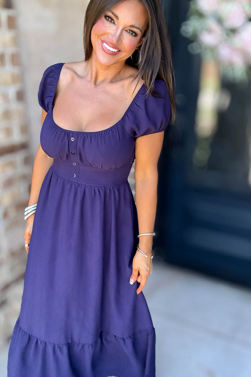 Navy Front Half Button Short Sleeve Midi Dress