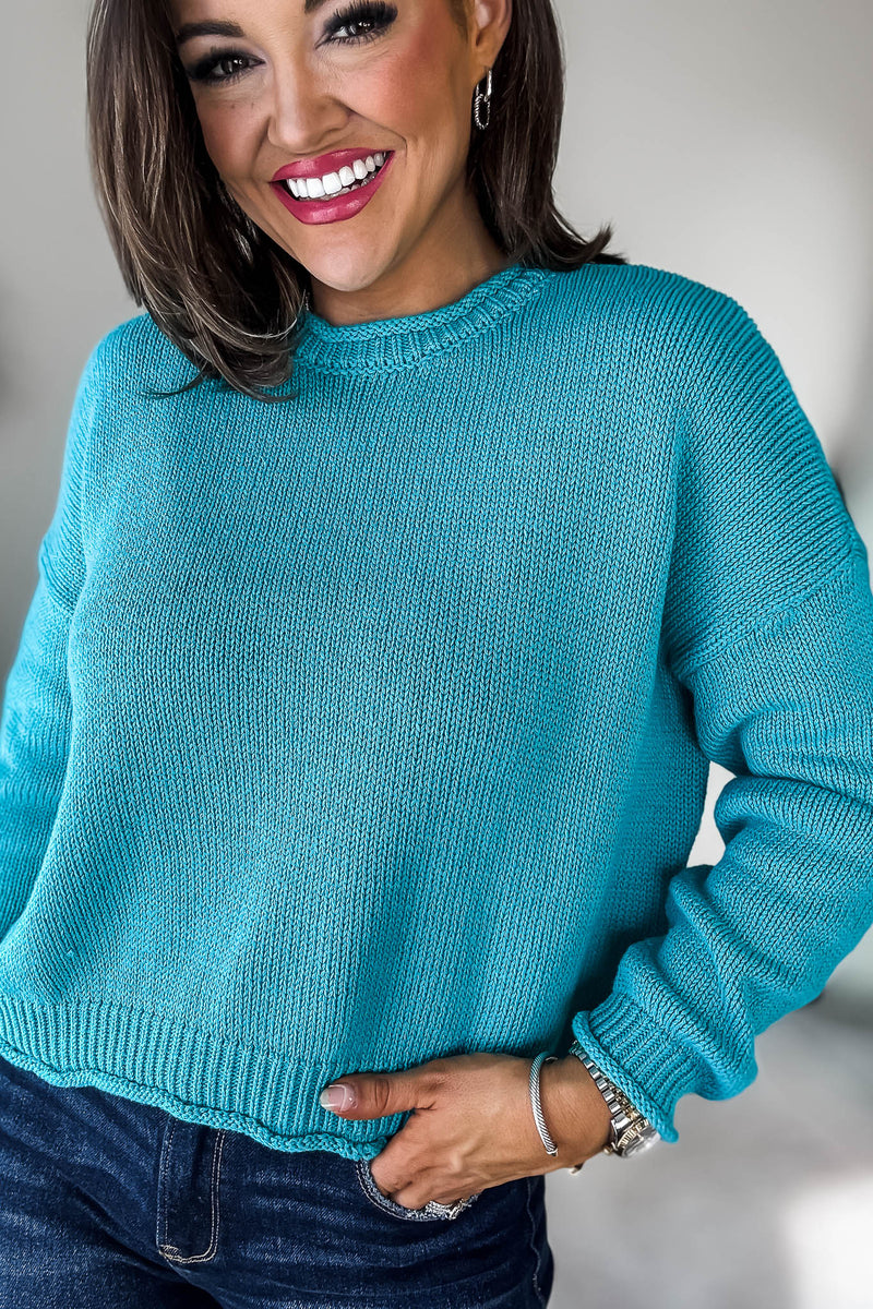 Turquoise Cotton Round Neck Basic Sweater