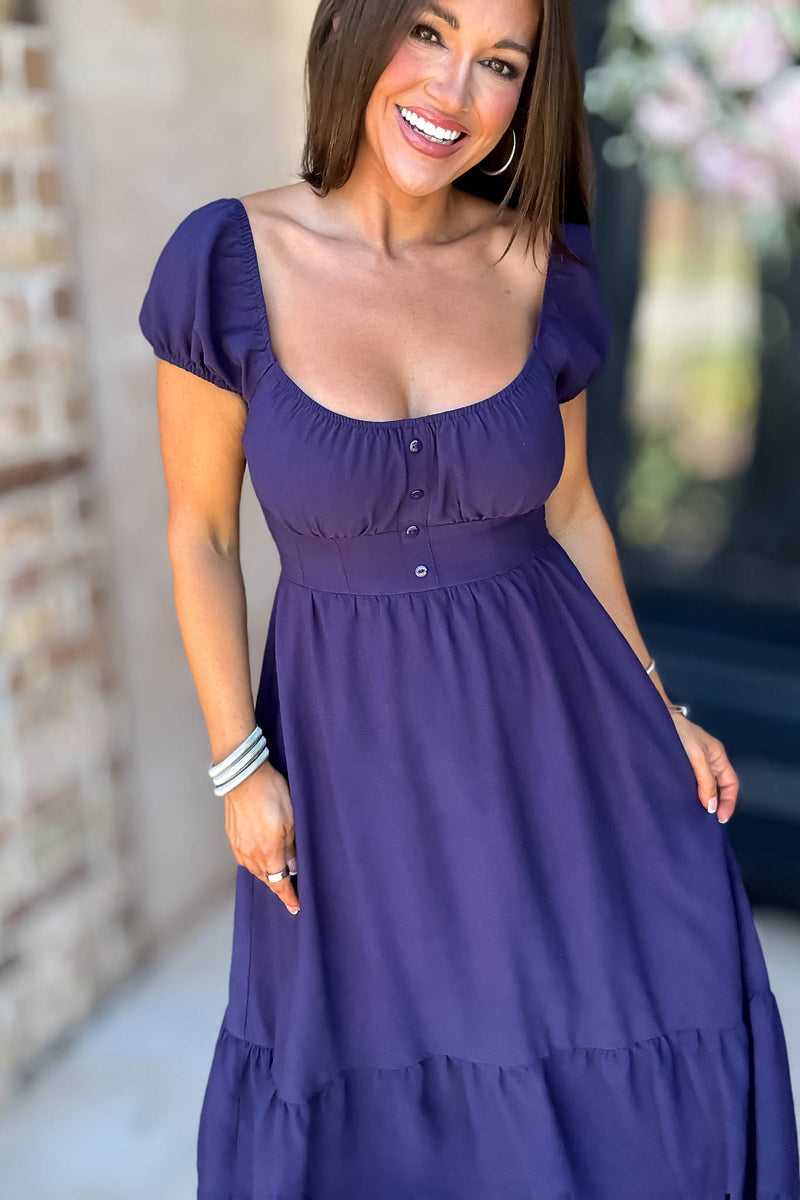 Navy Front Half Button Short Sleeve Midi Dress
