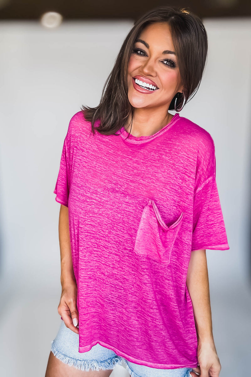 Oversized Hot Pink Washed Melange Burnout Raw Edge Tee