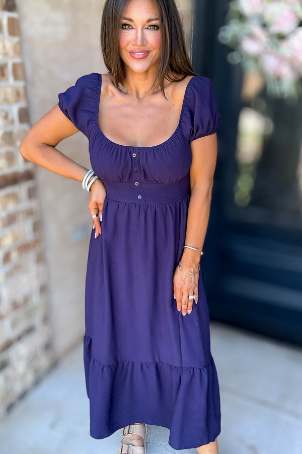 Navy Front Half Button Short Sleeve Midi Dress
