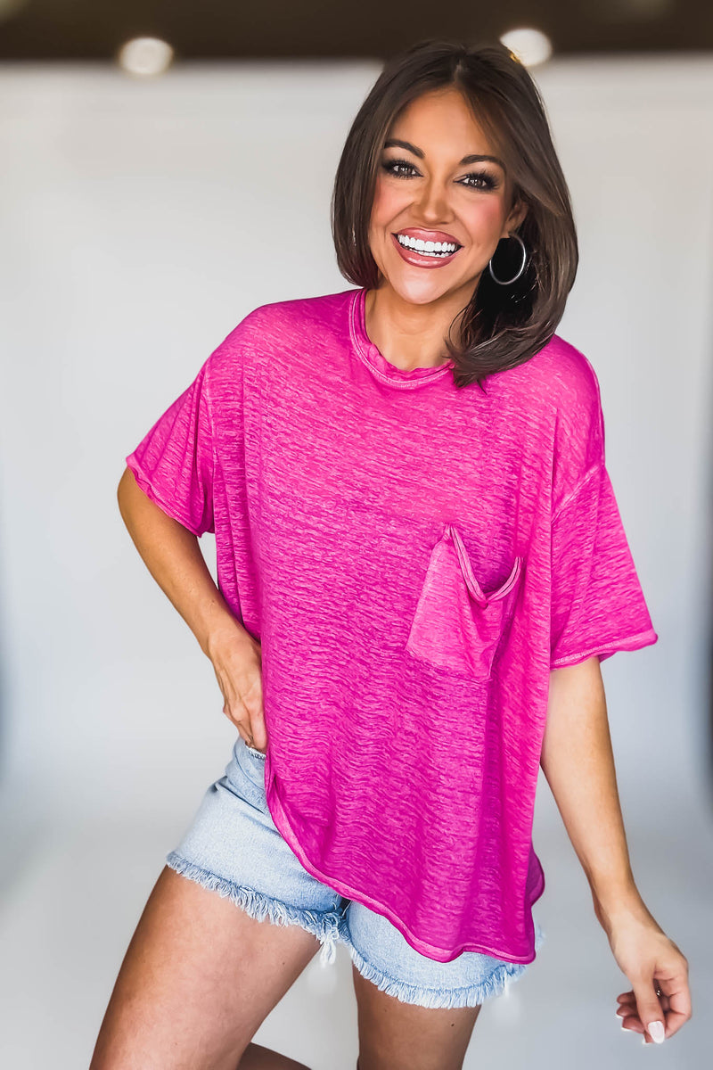 Oversized Hot Pink Washed Melange Burnout Raw Edge Tee