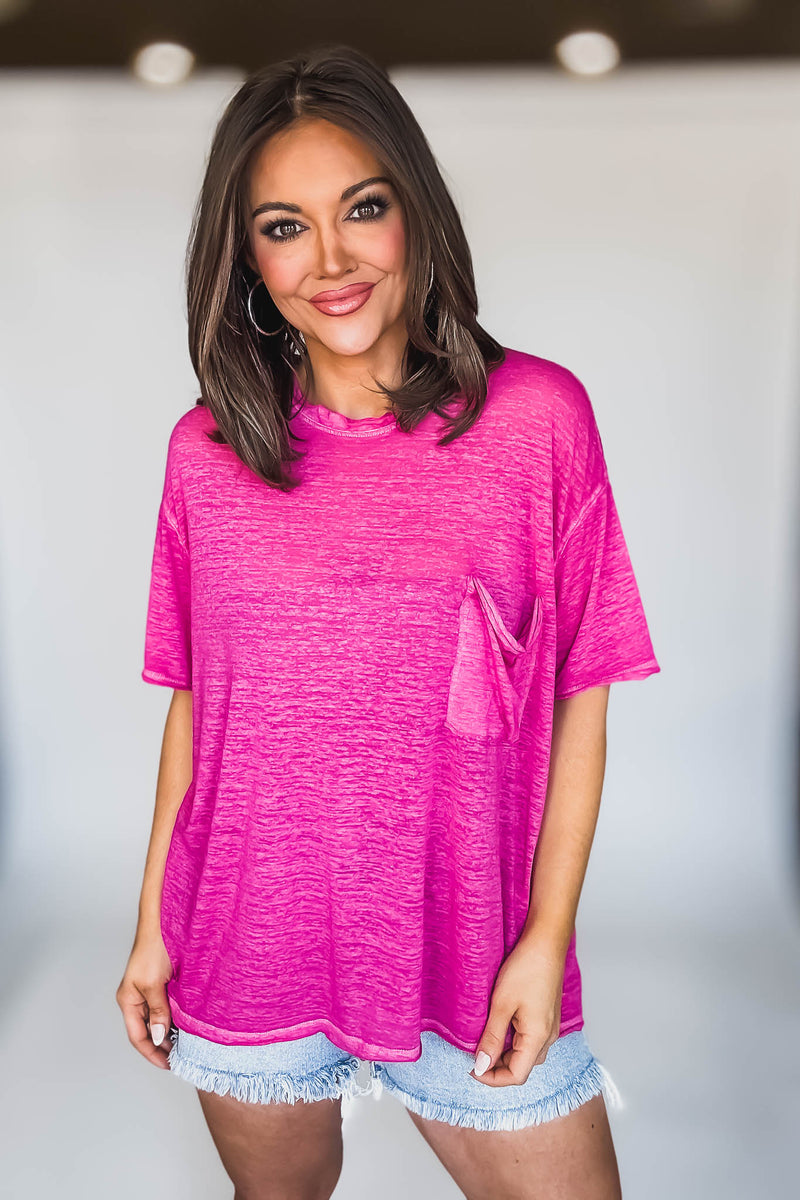Oversized Hot Pink Washed Melange Burnout Raw Edge Tee