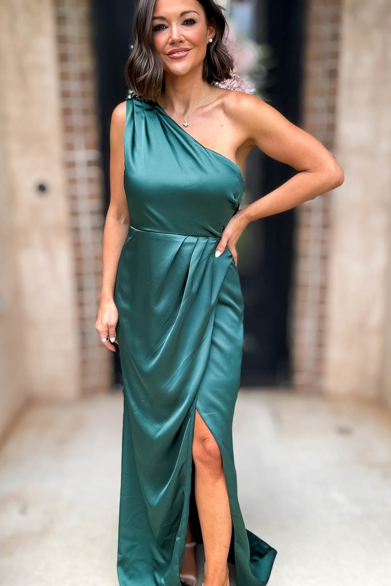 Sugar Lips Hunter Green One Shoulder Surplice Front Slit Maxi Gown Dress