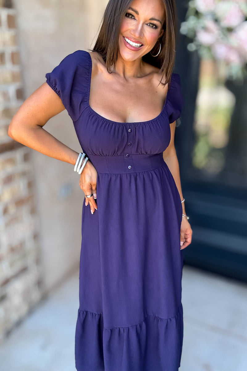 Navy Front Half Button Short Sleeve Midi Dress