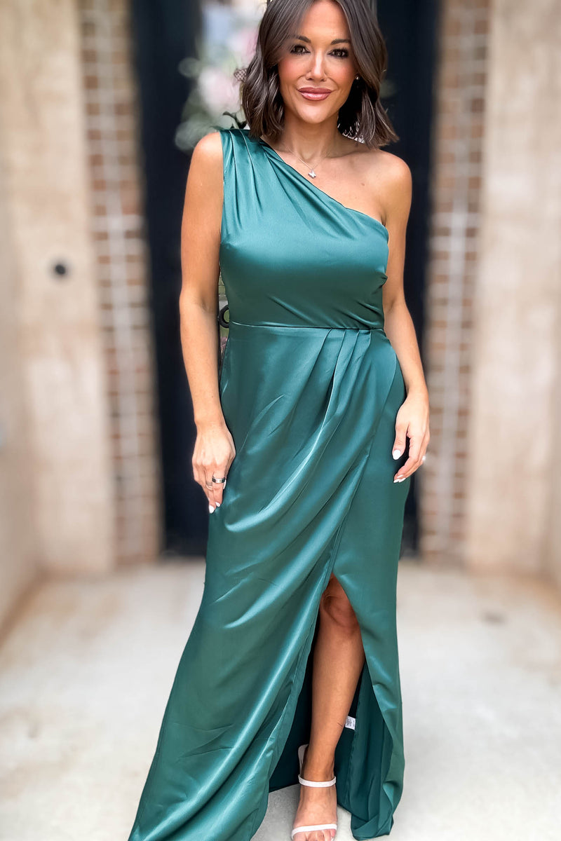 Sugar Lips Hunter Green One Shoulder Surplice Front Slit Maxi Gown Dress