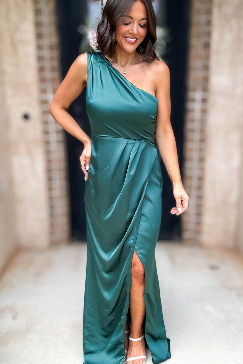 Sugar Lips Hunter Green One Shoulder Surplice Front Slit Maxi Gown Dress