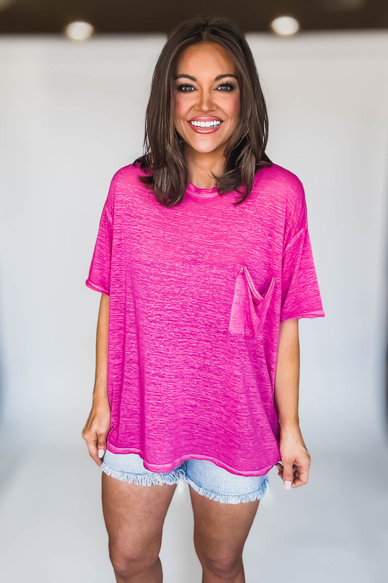 Oversized Hot Pink Washed Melange Burnout Raw Edge Tee