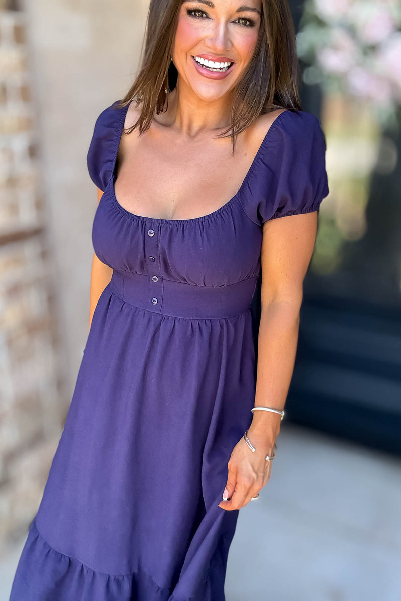 Navy Front Half Button Short Sleeve Midi Dress