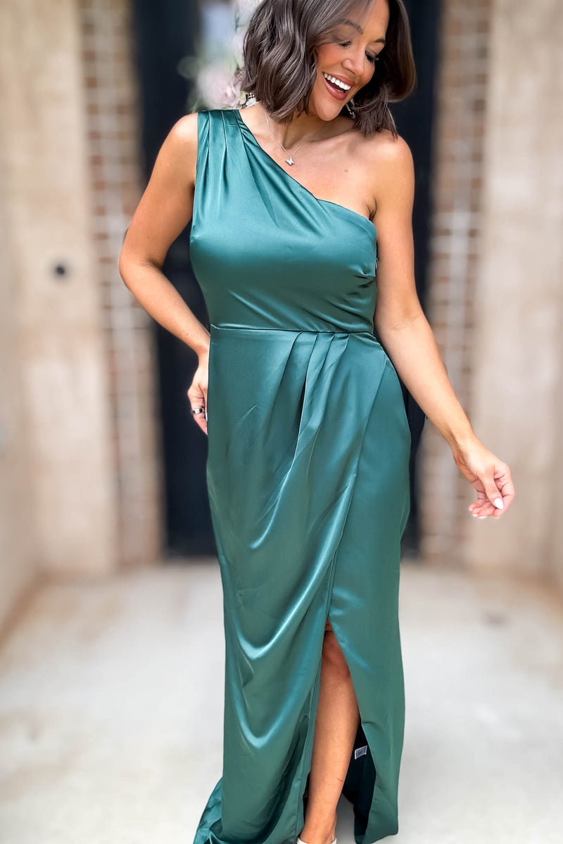 Sugar Lips Hunter Green One Shoulder Surplice Front Slit Maxi Gown Dress