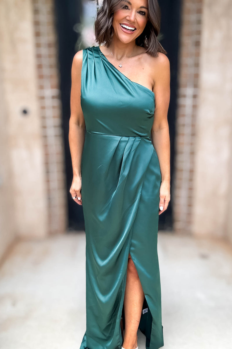 Sugar Lips Hunter Green One Shoulder Surplice Front Slit Maxi Gown Dress