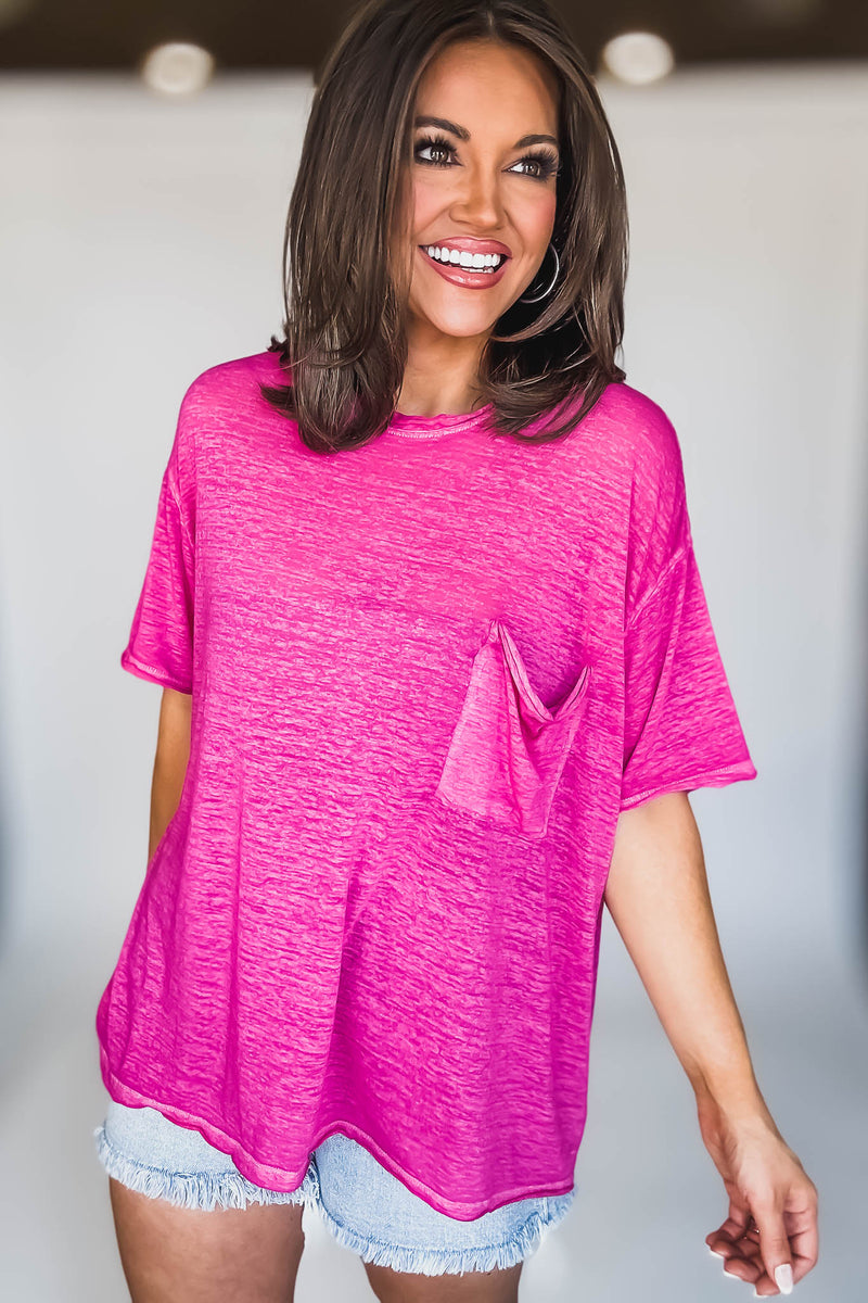 Oversized Hot Pink Washed Melange Burnout Raw Edge Tee