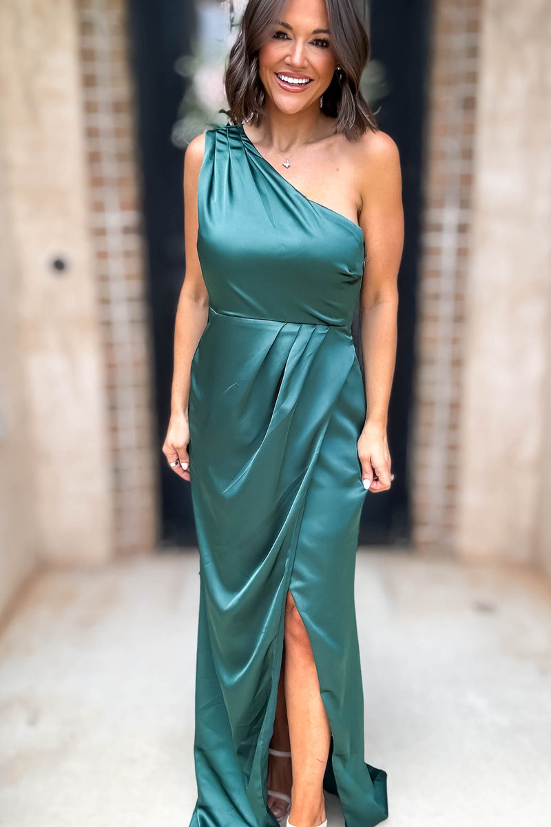 Sugar Lips Hunter Green One Shoulder Surplice Front Slit Maxi Gown Dress