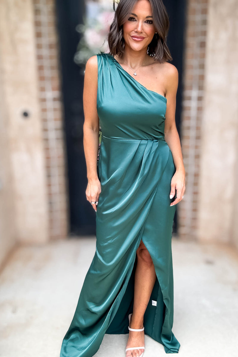 Sugar Lips Hunter Green One Shoulder Surplice Front Slit Maxi Gown Dress