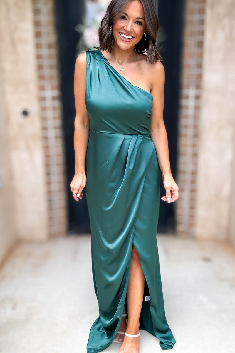 Sugar Lips Hunter Green One Shoulder Surplice Front Slit Maxi Gown Dress