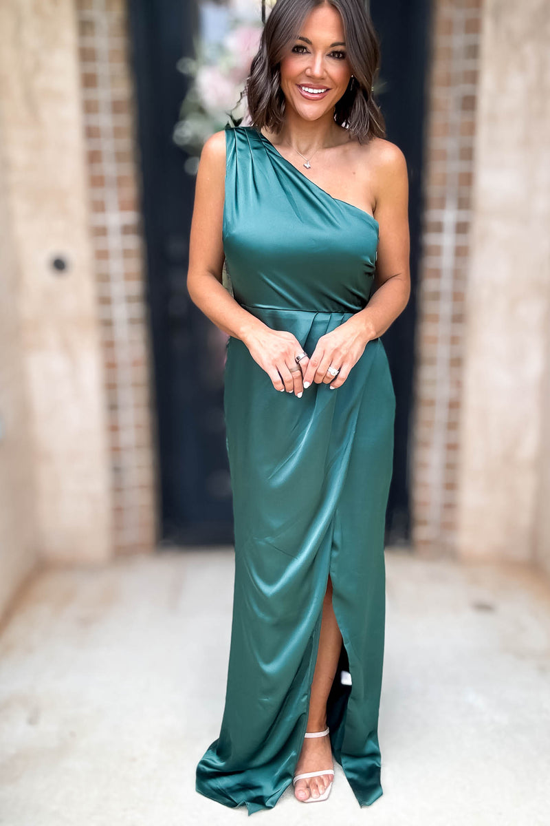 Sugar Lips Hunter Green One Shoulder Surplice Front Slit Maxi Gown Dress